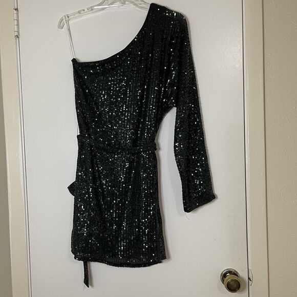 Lulu's Rare Gem Emerald Green Sequin One-Shoulder Mini Bodycon Dress Medium - Picture 7 of 8